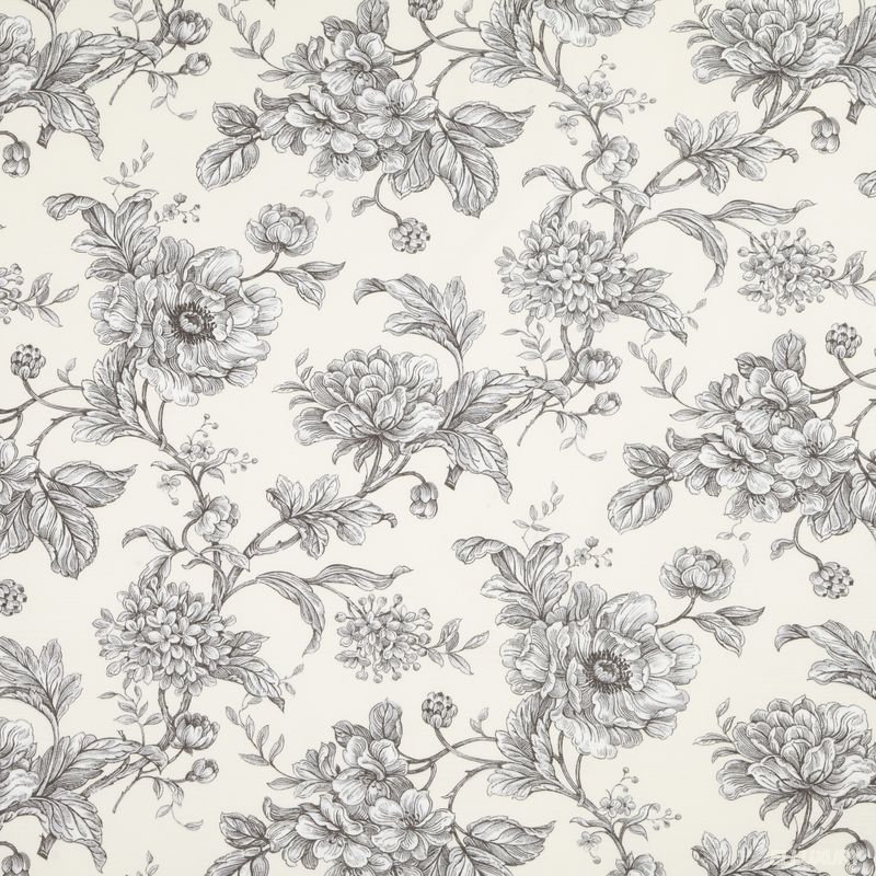 Черные цветы на белом фоне. Ткань в стиле прованс Flower_art_3_Aquitaine_Charcoal.