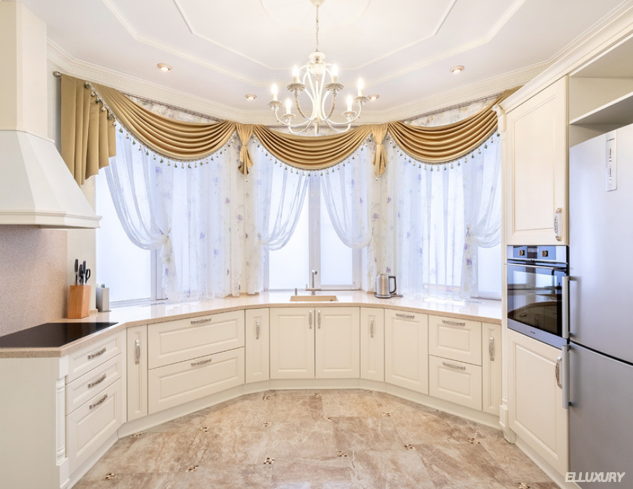 Классические шторы для кухни с эркером пошив на заказ купить в Москве elluxury.ru