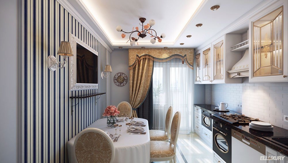 Пошив штор с бандо и ламбрекеном для кухни в классическом стиле на заказ в Москве elluxury.ru