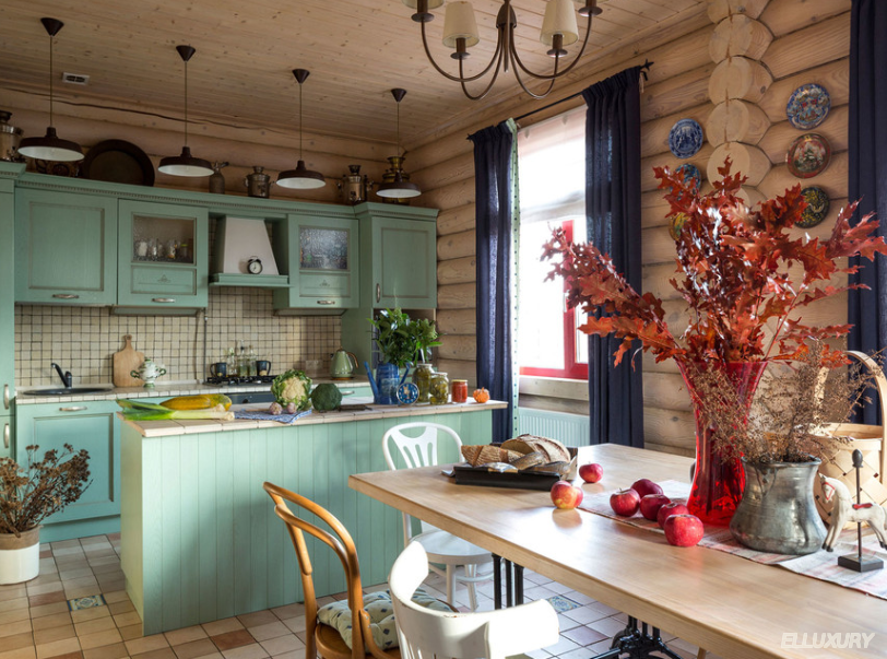 Синие шторы на кухню в деревянный дом 2020 заказать купить в Москве elluxury.ru